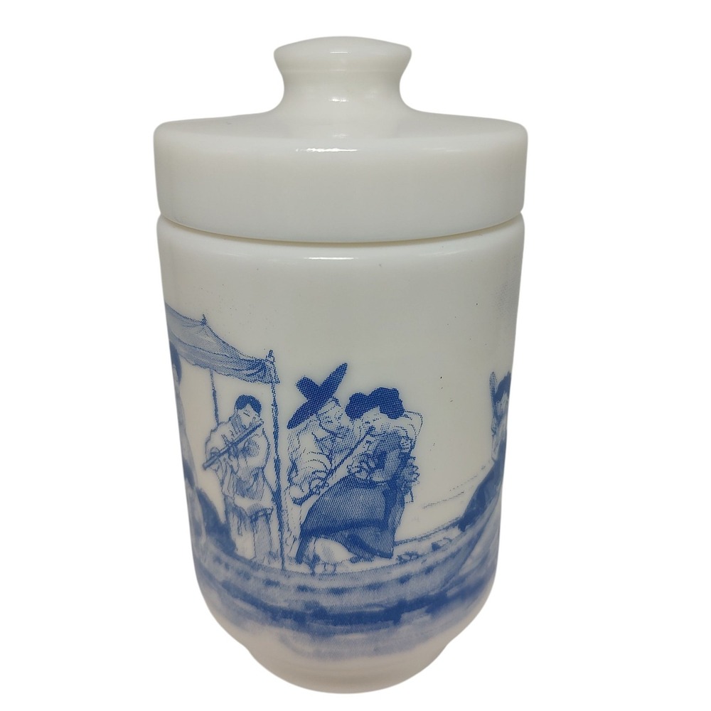 Vintage Belgium Milk Glass Japan Blue White Village Men‎ Women Boats with Lid